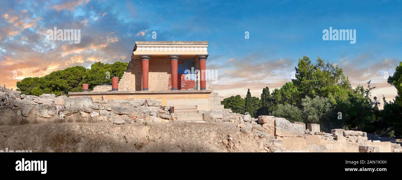 Panoroana of Minoan of the North Entrance Propylaeum with its painted charging  bull releif,  Knossos Palace archaeological site, Crete. At sunset. Stock Photo