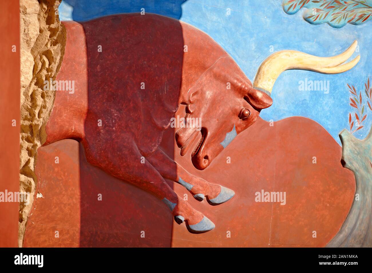 Reconstruction of a Minoan Bull relief fresco  of the Nouth Propylaeum,  Knossos  archaeological site, Crete Stock Photo