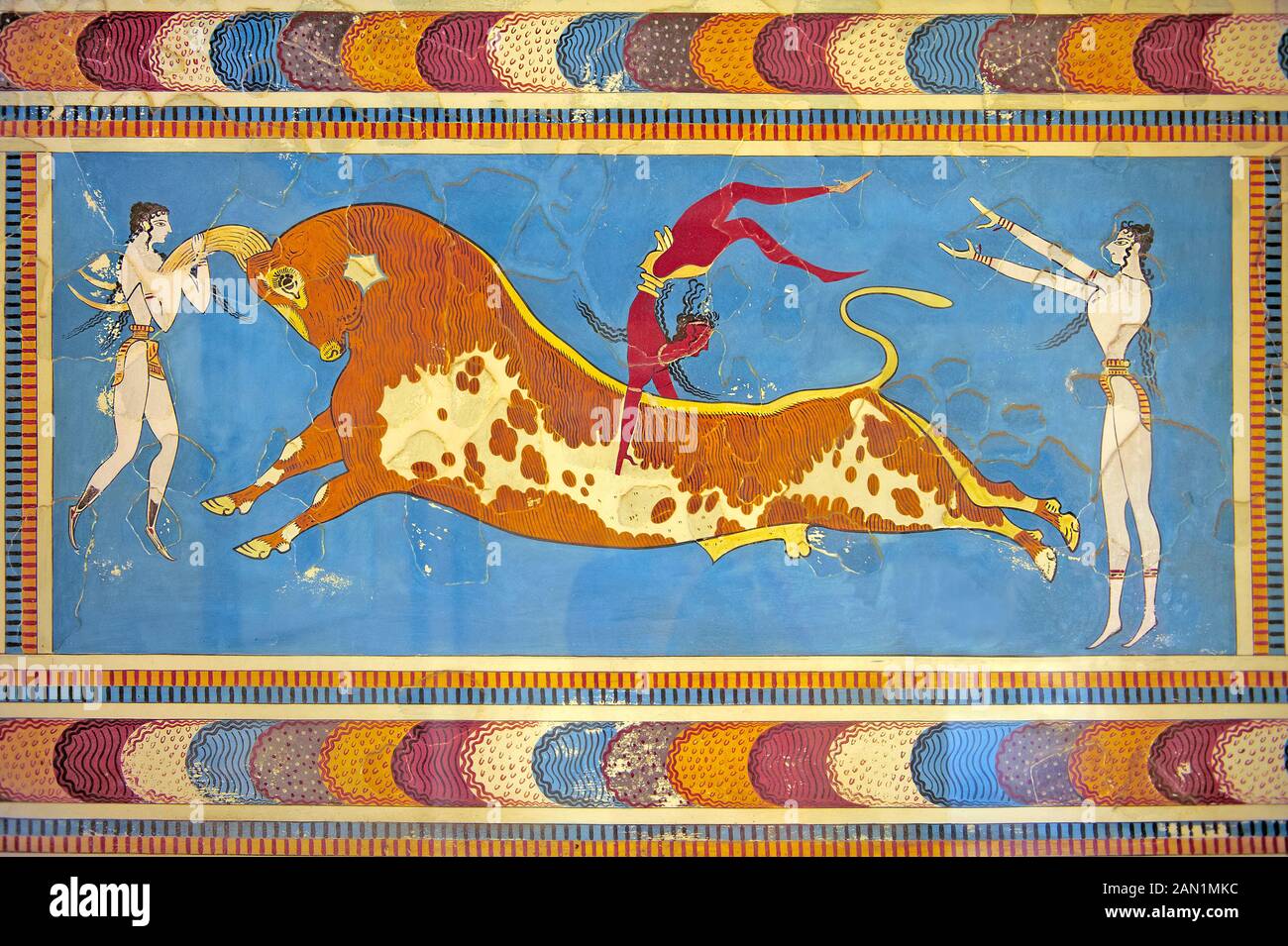 The 'Bull leaper' Minoan fresco, reconstructed at Knossos Archaeological Site, Crete Stock Photo