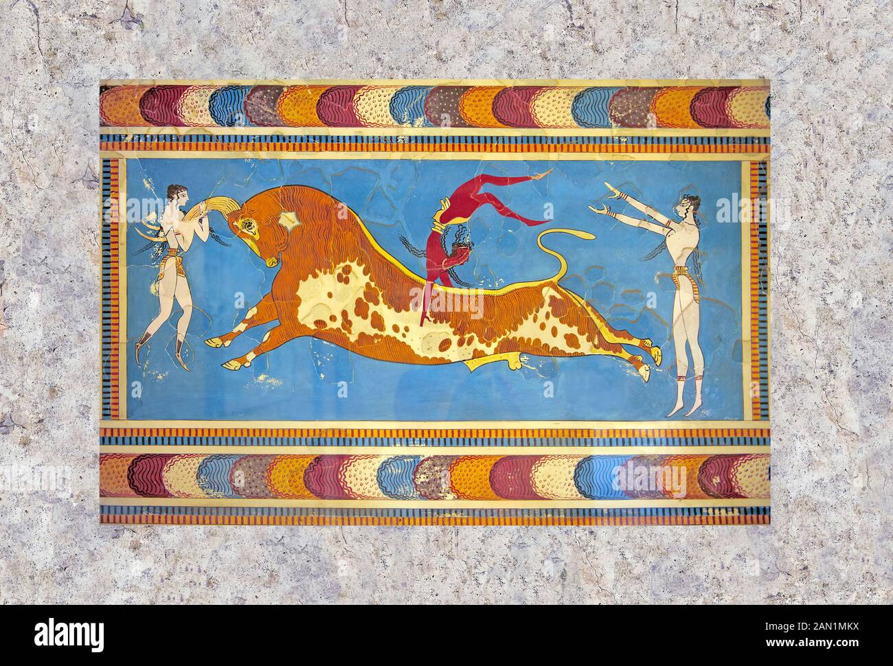 The 'Bull leaper' Minoan fresco, reconstructed at Knossos Archaeological Site, Crete Stock Photo