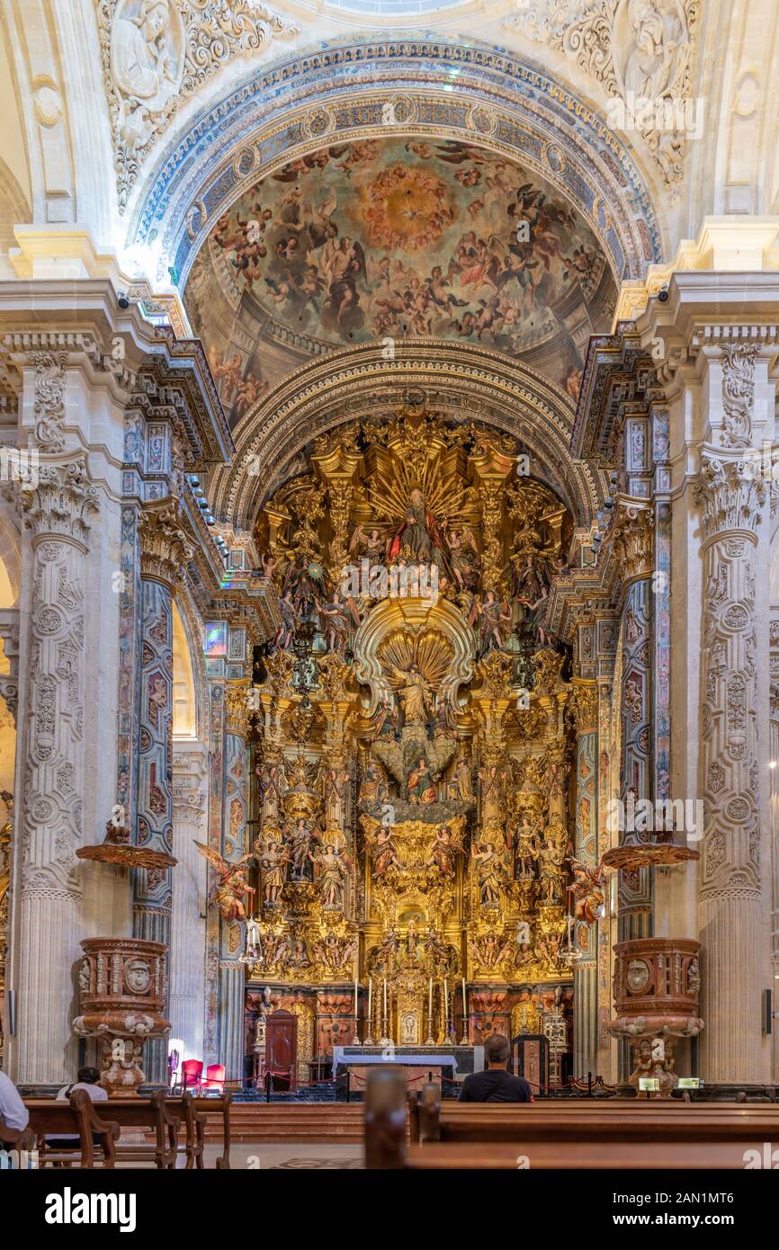 Cayetano de Acosta's magnificent main altarpiece in the Divine Saviour Collegiate Church, depicting Christ's Transfiguration on Mount Tabor Stock Photo