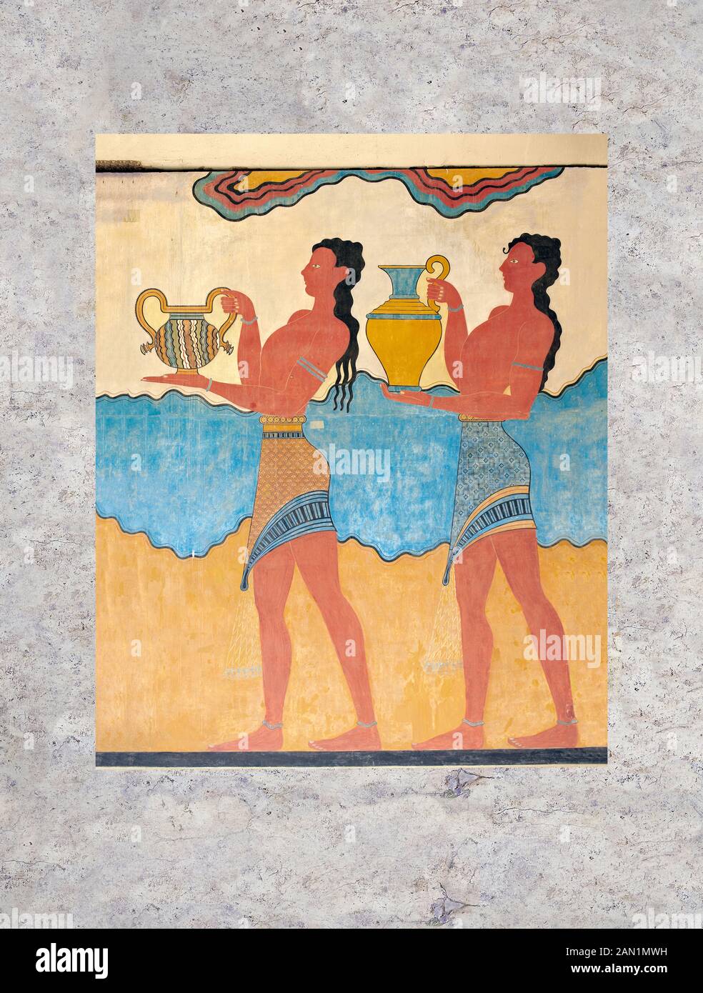 The Minoan  'Procession  Fresco' reconstructed at Knossos  archaeological site, Crete Stock Photo