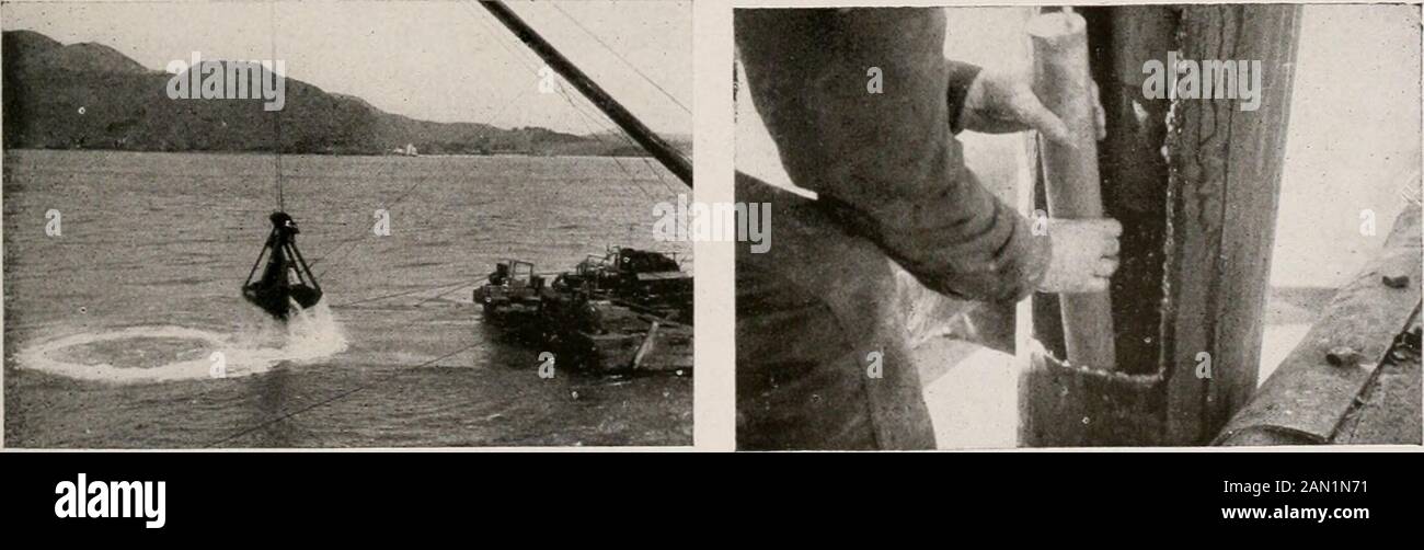 Architect and engineer . e selection ofthis method in preference to drilling. Several large bombs were fired together.At such times the blasting tube was hoistedup completely by the Ajax and the Ajaxwas shifted several hundred feet towardthe East. Apparently the sea gulls knewwhat was coming as they were alwaysright there to pick up the stunned fish. Excavating in Deep Water The excavation of the material was doneby the Ajax with a 4j yard clam shellbucket with Williams mechanism, the bowland teeth having been built in accordancewith a design by the Pacific Bridge Com-pany. It was found there Stock Photo