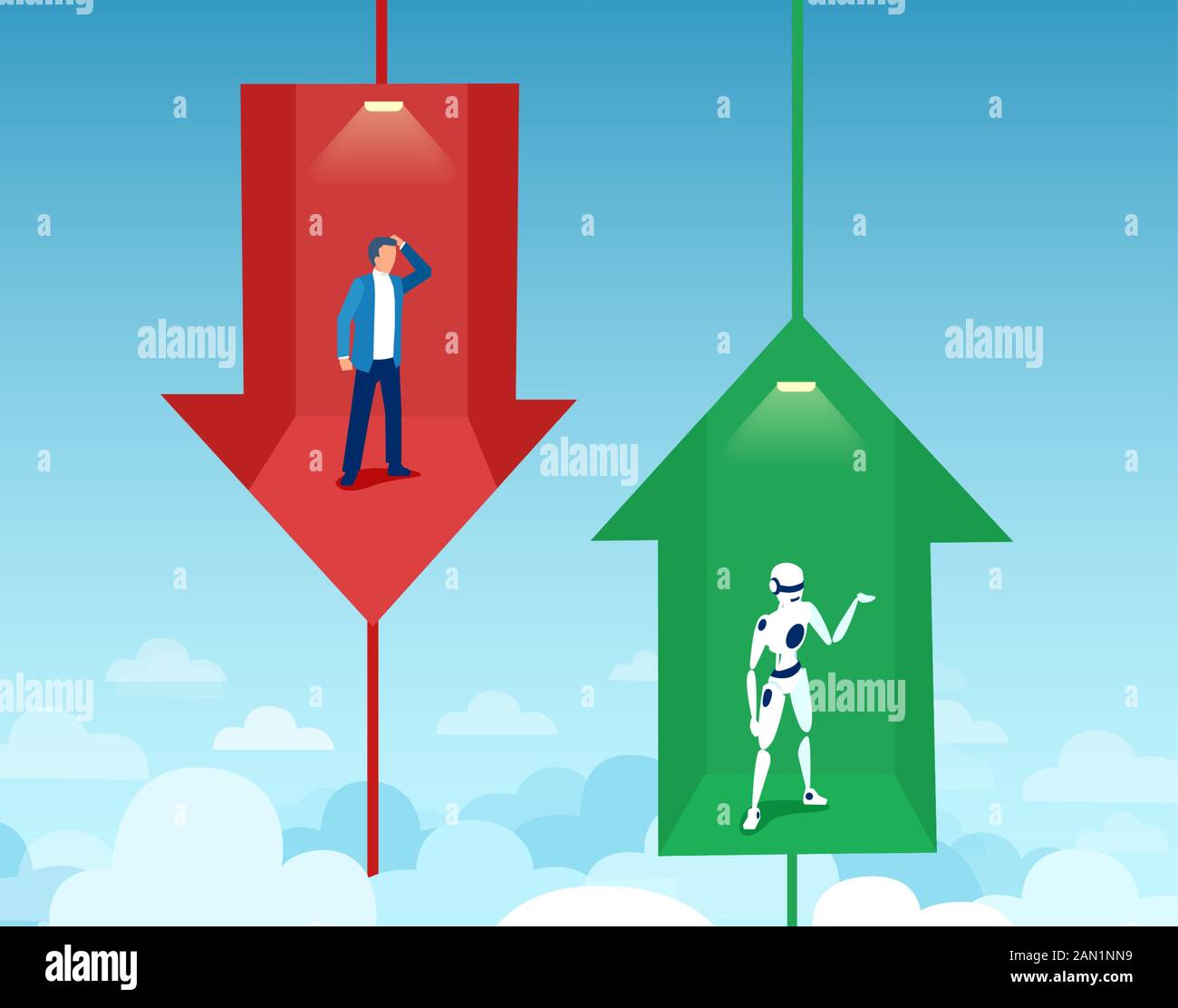Vector of a ai competing with a human for a job position. Growth of automation in modern businesses concept Stock Vector
