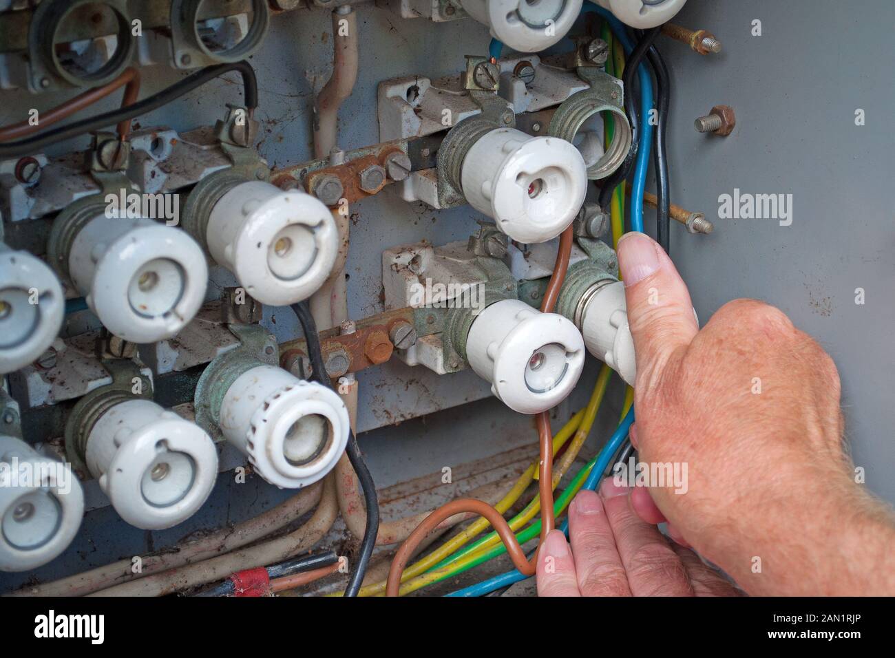 Fuse box with old ceramic fuses Stock Photo