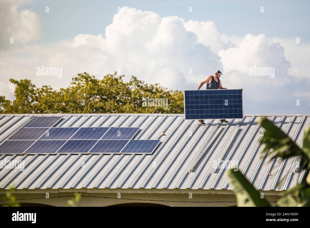 Construction worker carries solar panel across roof during install. Stock Photo