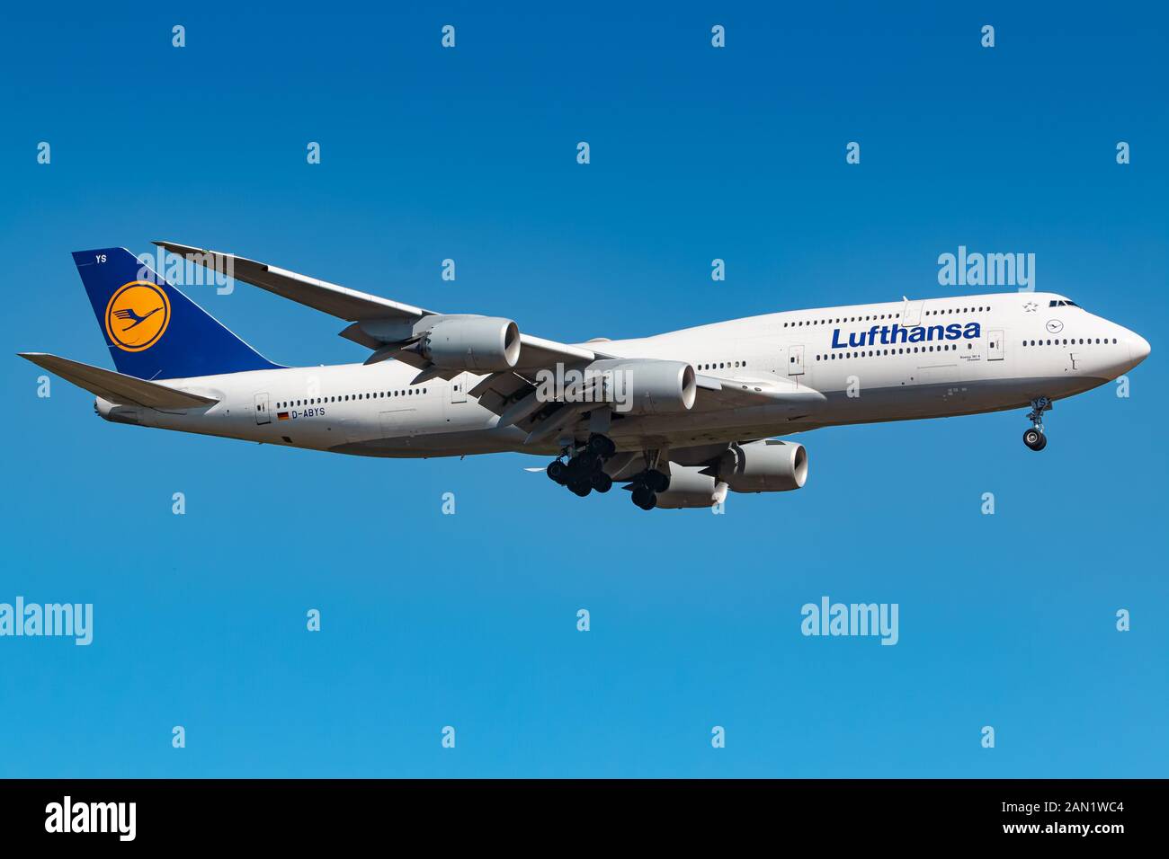 Frankfurt, Germany - June 8, 2018: Lufthansa Boeing 747 airplane at Frankfurt airport (FRA) in the Germany. Boeing is an aircraft manufacturer based i Stock Photo