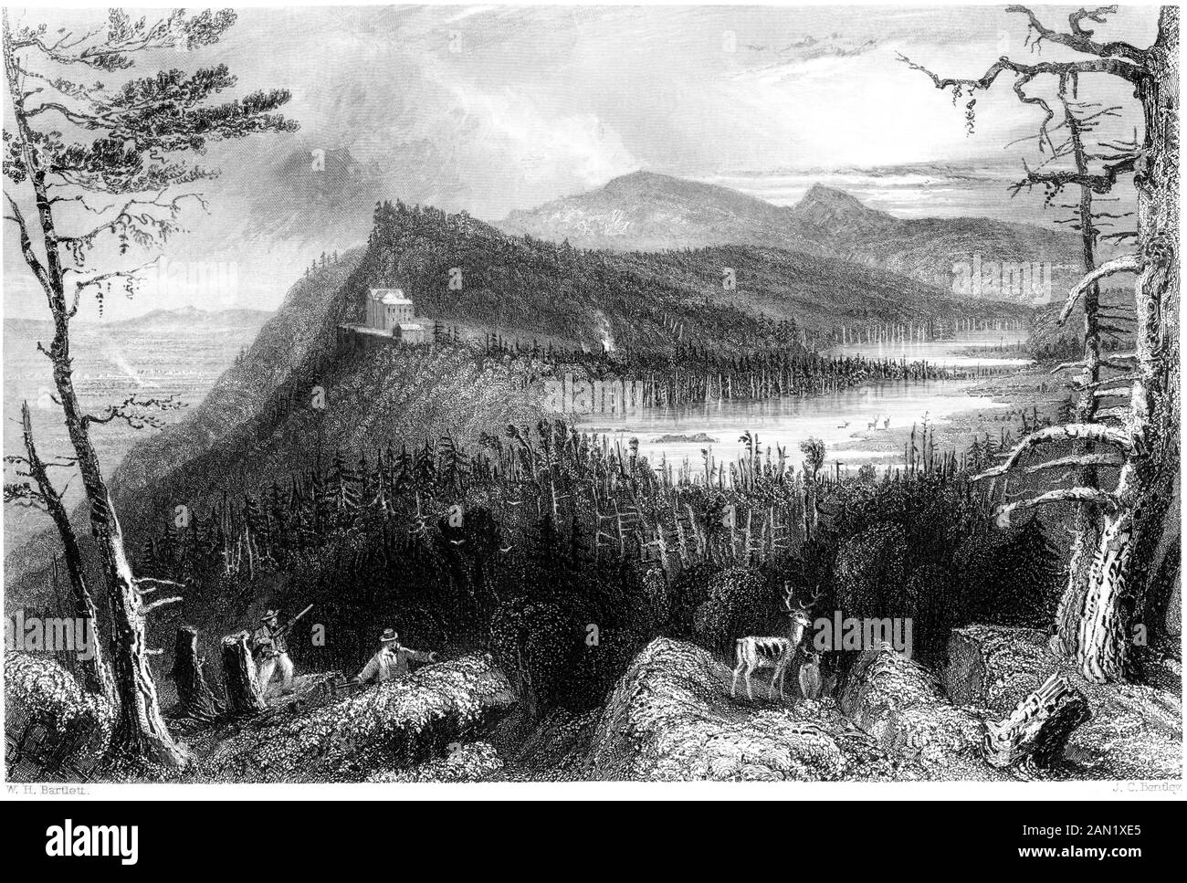 Engraving of The Two Lakes and the Mountain House on the Catskills scanned at high resolution. from a book printed in 1840. Believed copyright free. Stock Photo