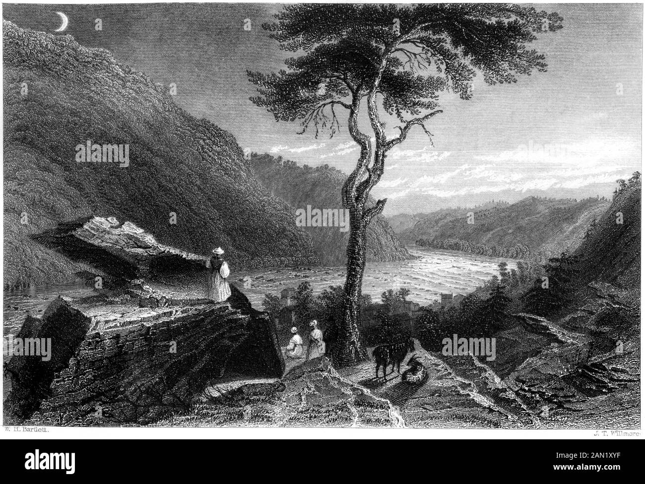 An engraving of The Valley of the Shenandoah, from Jefferson's Rock (Harpers Ferry) scanned at high resolution. from a book printed in 1840. Stock Photo