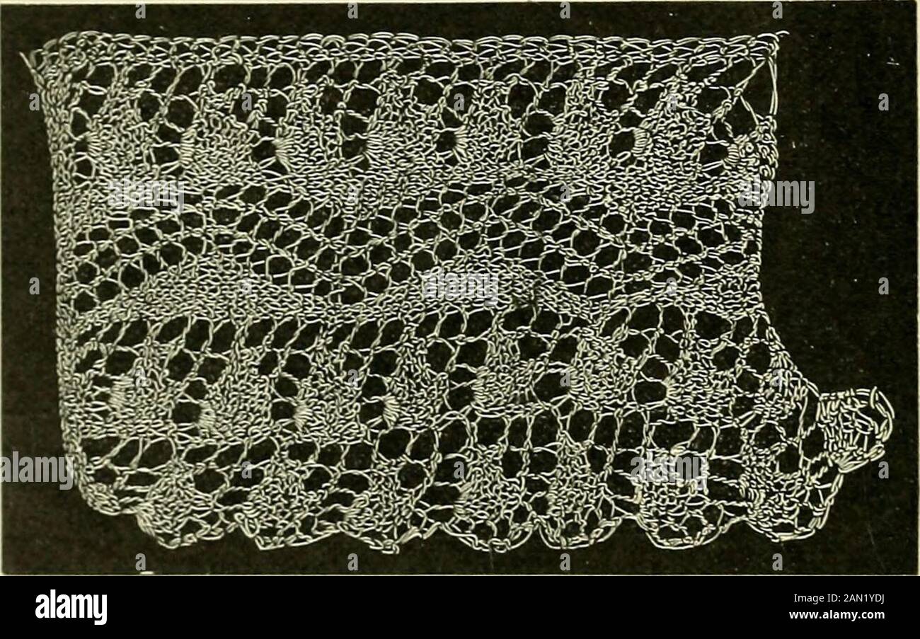 A treatise on lace-making, embroidery, and needle-work with Irish flax threads . dra 6 sts over, replace st, k 3, o, n, o, n, o, n. k 12. take back last st,draw 6 over, repb r 0, take back last st, bind over 7. instead of 6, replace  8. O, p i? k  : 9. SI 1. k :. n. k 11, o, n, o, n, o, r. 1. :. . k -. o 2, n, - . p 2 tog. 10. Likr 1 11. 51 :. : a, k 11, o, n, o, n, o, n, k 1, * :n, o 2, n, k 6, repeat from *, o, p 2 tog. :: Like 4th row. 13. 9 1, k 2,0 2,1 a . 0 2, n, k -?-. a, si and b) 3 times,k 1, * o 2, a, o 2, n, o 2, n, k 6, repeat from *, o, p 2 tog. 14. Like 6th row. 42 barbours pr Stock Photo