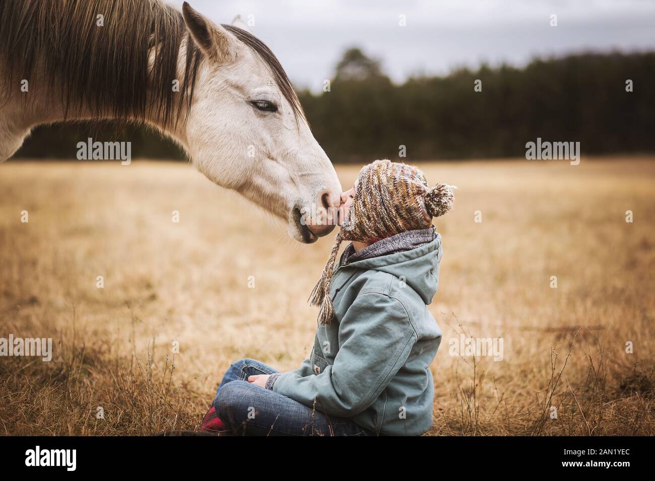 young girl kisses white horse on nose while sitting on ground Stock Photo