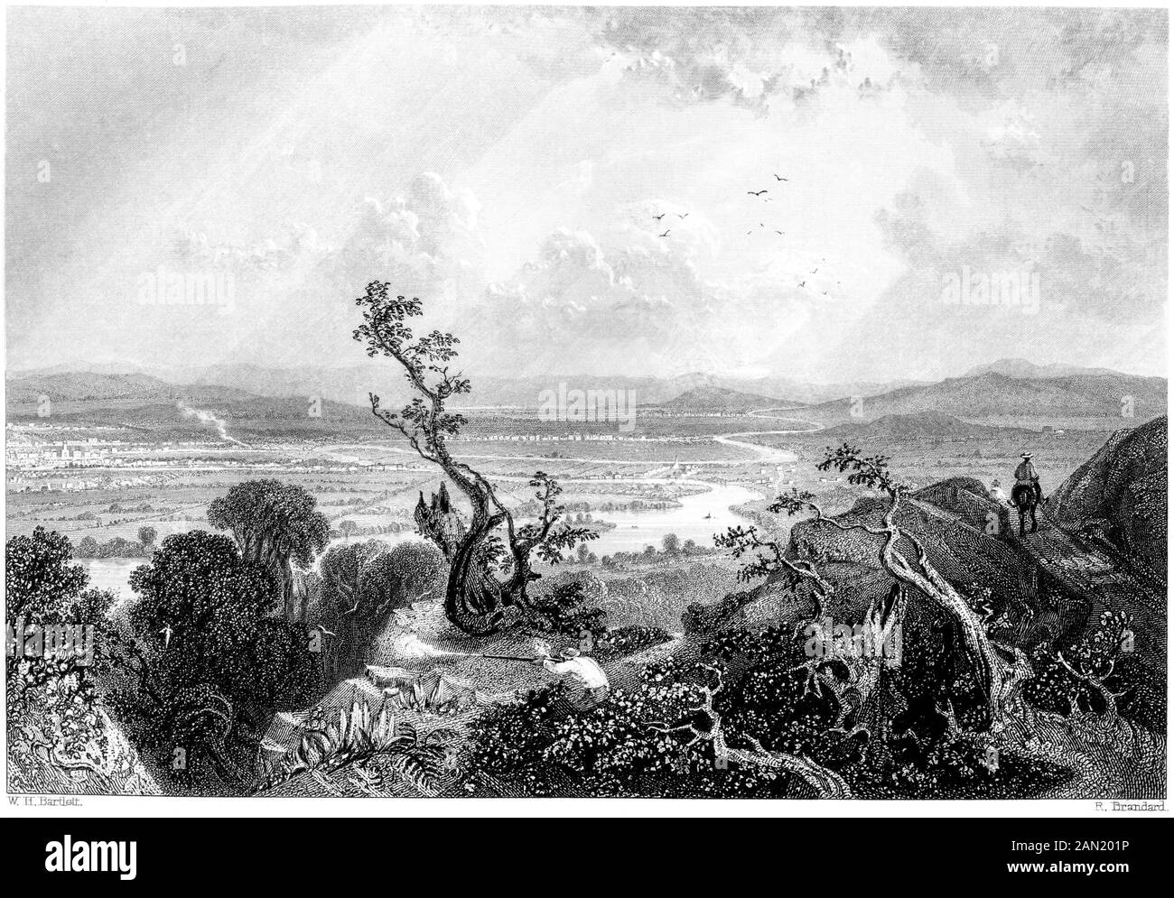 An engraving of Valley of the Connecticut (from Mount Holyoke)  scanned at high resolution. from a book printed in 1840. Believed copyright free. Stock Photo