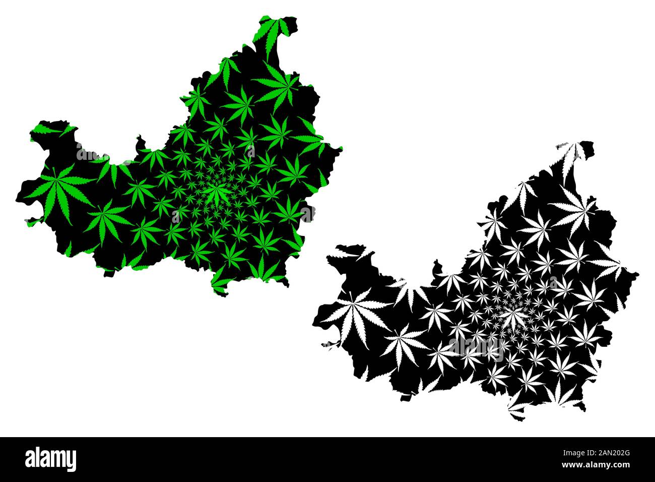 Cluj County (Administrative divisions of Romania, Nord-Vest development region) map is designed cannabis leaf green and black, Cluj map made of mariju Stock Vector