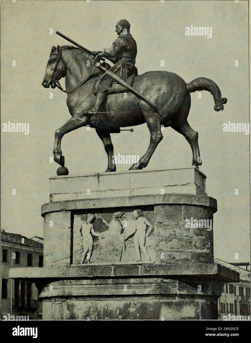 Donatello . Fig. 98. Equestrian Monument of Gattamelata. Padua.After a photograph from the original by Alinari Brothers, Florence. (To page 107.1 gave to the sacristy of S. Lorenzo what is to-day called the finish of theinterior, and his quarrel with Brunelleschi about the bronze-doors proves,that here the decorater interfered with the work of the architect, and thatin a way which was displeasing to the latter. Thus it is not in itself incredible, that the most important change inthe scene of Donatellos activity — his removal from Florence to Padua — I05. Fig. 99. Equestrian Monument of Gattam Stock Photo