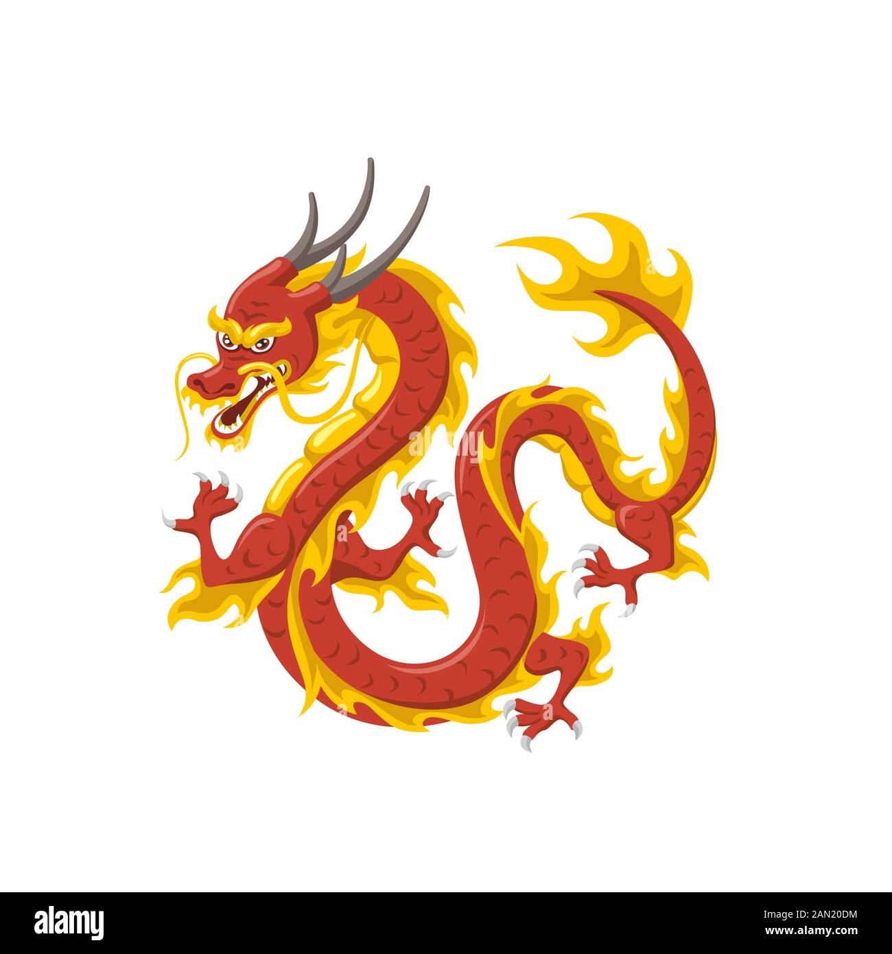 Chinese red dragon symbol of power and wisdom flying isolated on white background Stock Vector