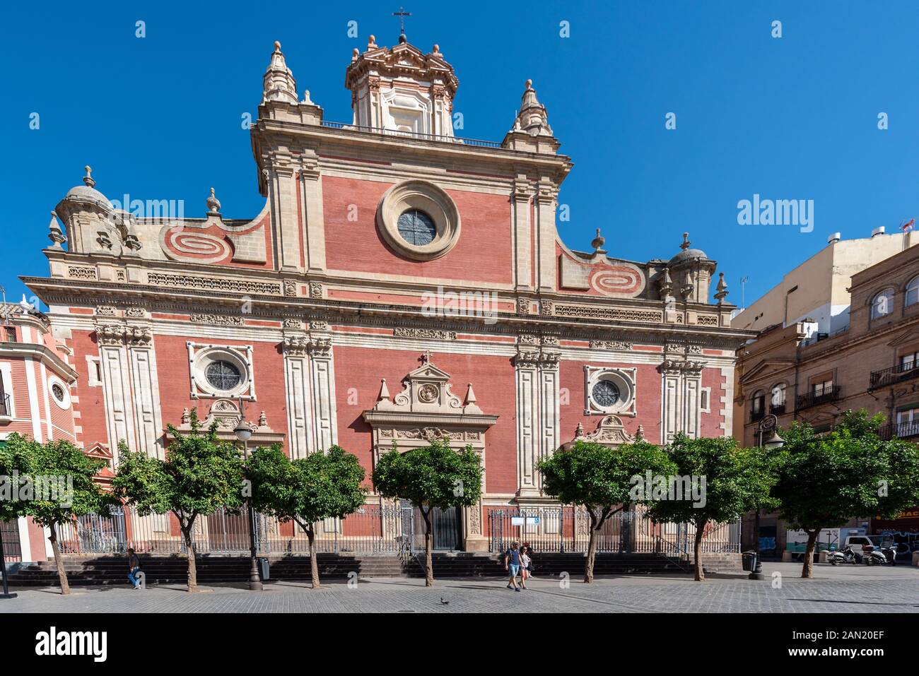The ornate mannerist facade of the Iglesia Colegial del Salvador, Seville's 2nd largest church, stands on the former site of the city's largest mosque Stock Photo