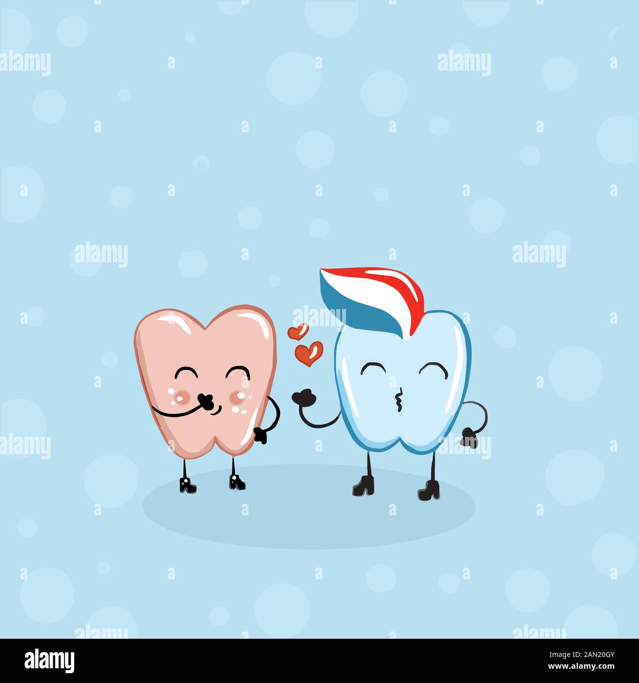 Color vector illustration of tooth drawings for Valentine day, couples in love on the backgrounds. Stock Vector