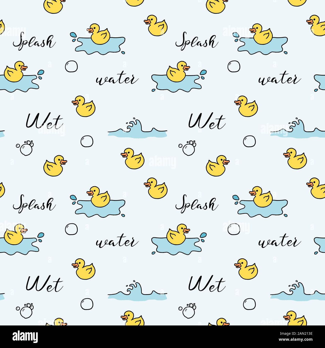 Bath fun background - seamless pattern with doodle rubber toy ducks. Stock Vector