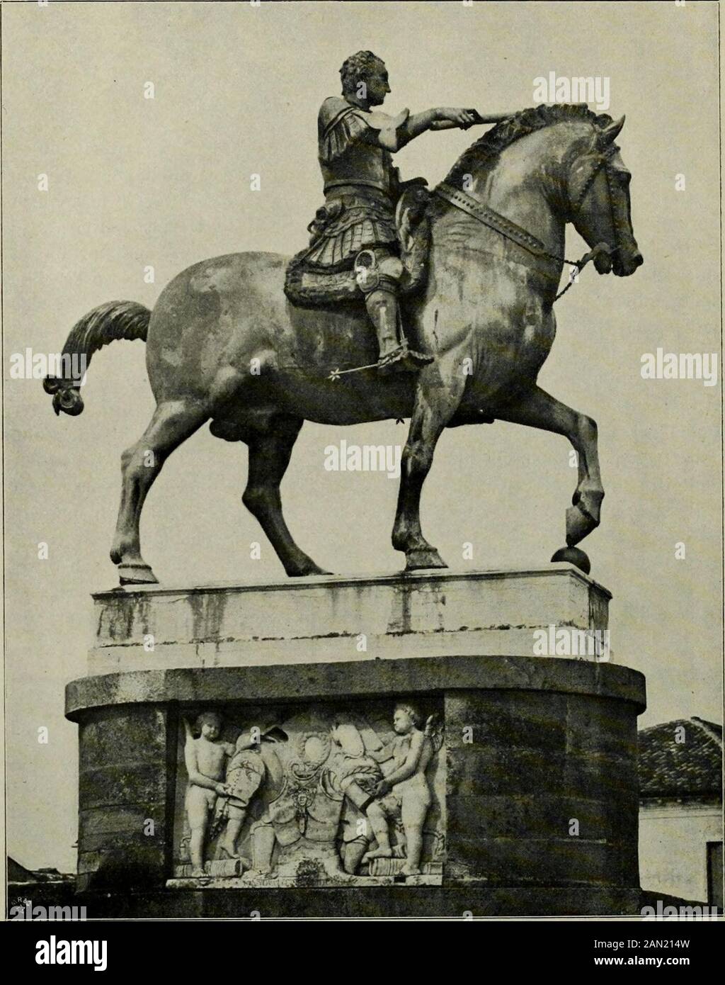 Donatello . Fig. 97. Square of S. Antonio in Padua with Equestrian Monument of Gattamelata. (To page 107.) I04. Fig. 98. Equestrian Monument of Gattamelata. Padua.After a photograph from the original by Alinari Brothers, Florence. (To page 107.1 gave to the sacristy of S. Lorenzo what is to-day called the finish of theinterior, and his quarrel with Brunelleschi about the bronze-doors proves,that here the decorater interfered with the work of the architect, and thatin a way which was displeasing to the latter. Thus it is not in itself incredible, that the most important change inthe scene of Do Stock Photo