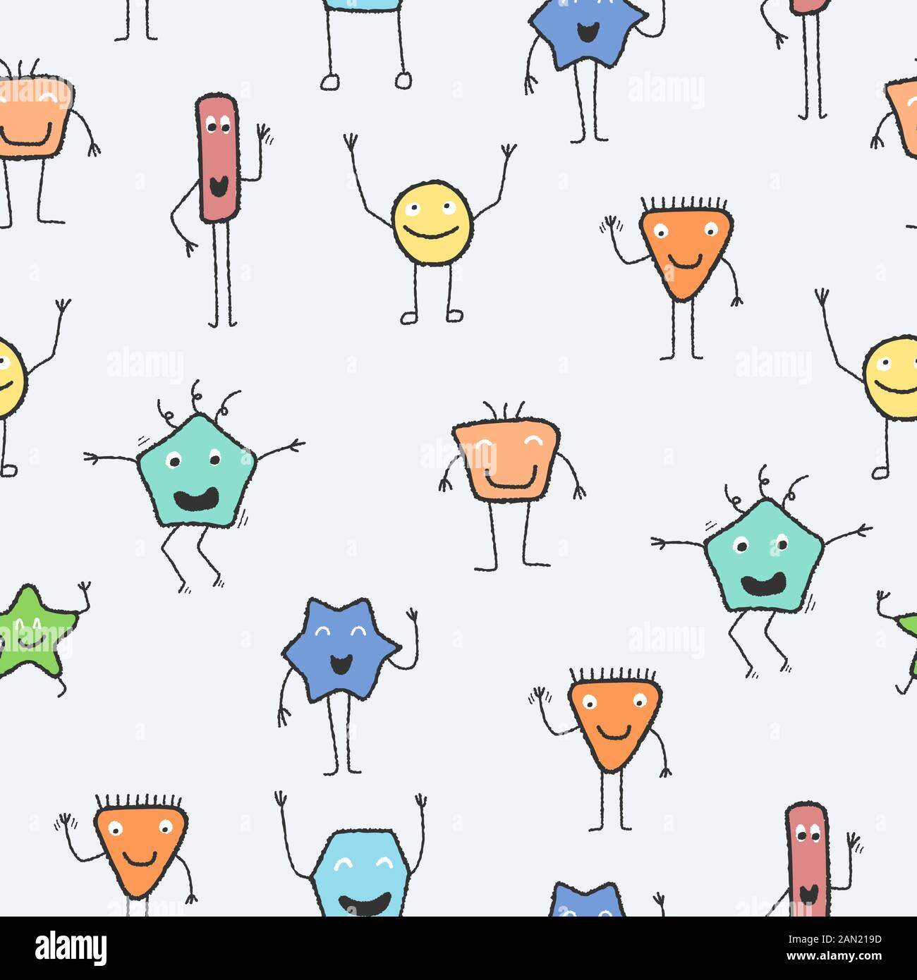Size Pattern Cartoon Kids fashion seamless textile pattern. Cute cartoon geometric creatures ...