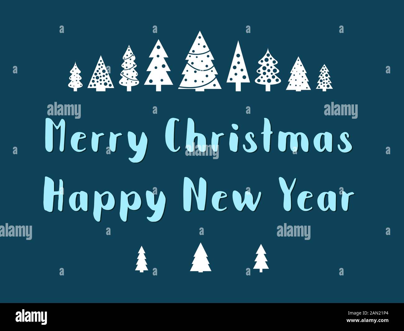 Merry Christmas text with small Christmas trees. Greeting card vector