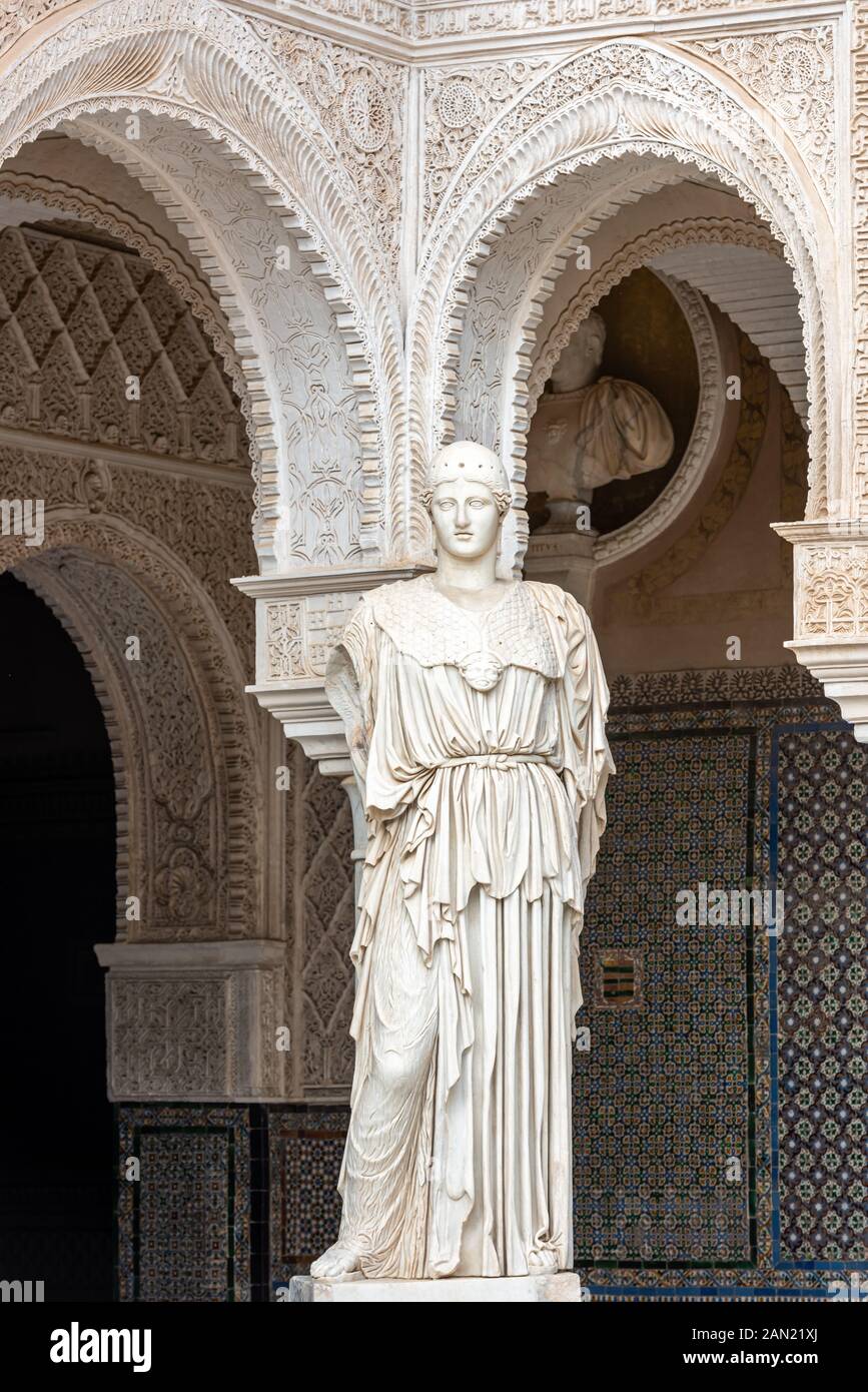 The "Palas Pacifera" marble statue in Casa de Pilatos. It is a 2nd C AD Roman replica of a 5th C BC Greek original Athenea Medicis, Goddess of Wisdom Stock Photo