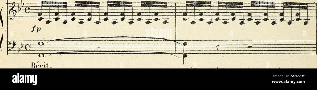 Les Huguenots : opéra en cinq actes . 282 Récit. ^z- SUI.i^ï=5^ -J- L&gt; -y.m =¥=—*? uni. (Frappant avec violence a la poste du cahqret ou chantent les soldats) -Ê ¥V E  k. T f- -f- ^ - » -0 g=g d i» f  ^i.-1ri--^^^ enJ Colfënyî défenseurs de la fbitout I  sra ^ é! . e&gt;t e&lt;m e  . ^/&gt;.&lt;? soldats protestant entendant le(dune voix torinante .) chopa/ ge cipi1en1 sur le théâtre.) yg. Mouvement du choral. vO p Stock Photo