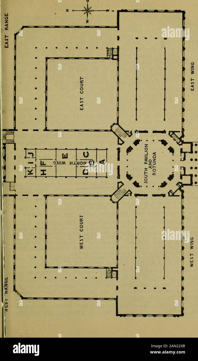 Rider's Washington; a guide book for travelers, with 3 maps and 22 plans . (PI. I—B3) situated on the N. side of the Malldirectly opposite the buildings of the Smithsonian Institution,and with its main entrance almost in line with 10th St., isa rectangular granite structure four stories in height, andcovering an area of about four acres. It is on the modernclassic order of architecture, with a distinct French influenceshown in the mansard roof and dormer windows. The mate-rial of the exterior walls consists of three varieties of granite:the ground story being of pink or a warm gray Milford (Ma Stock Photo