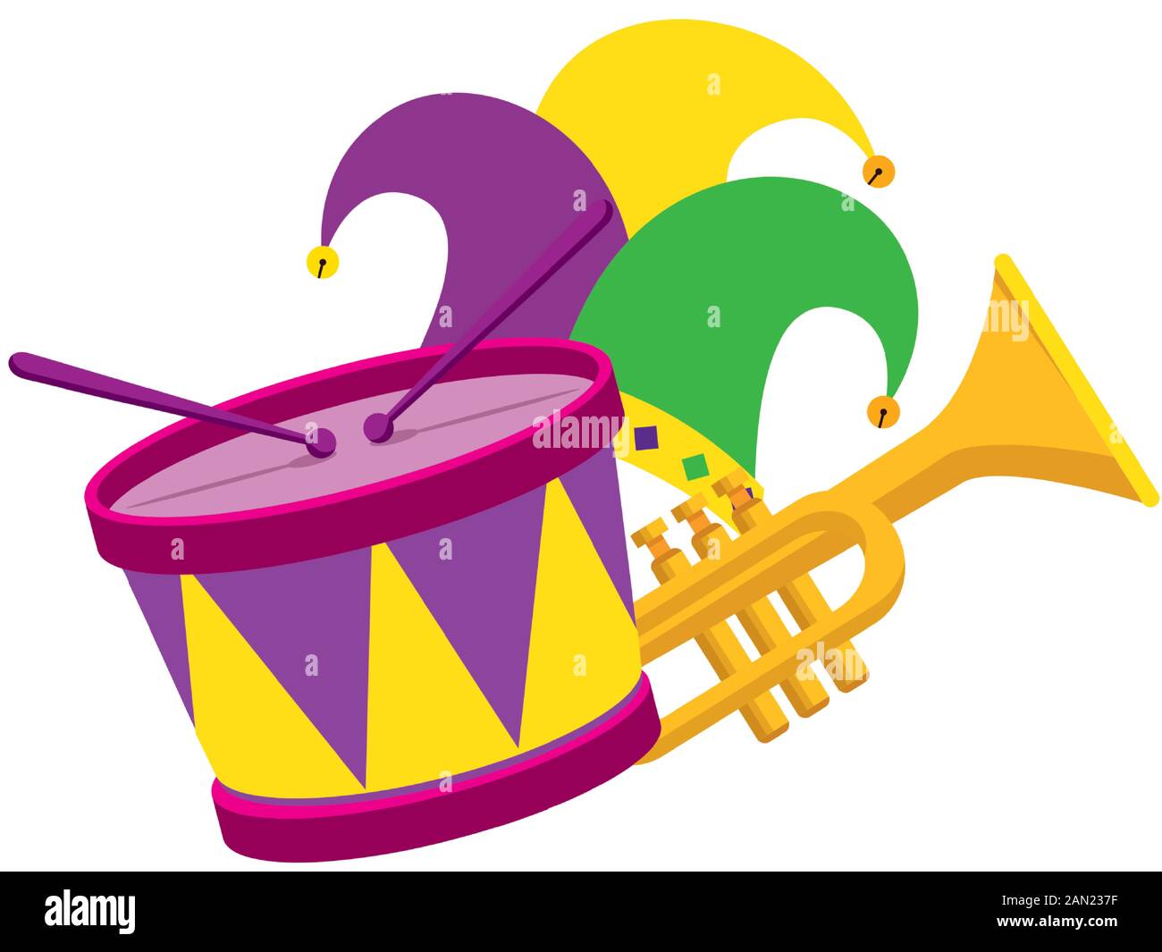 Isolated mardi gras hat trumpet and drum vector design Stock Vector