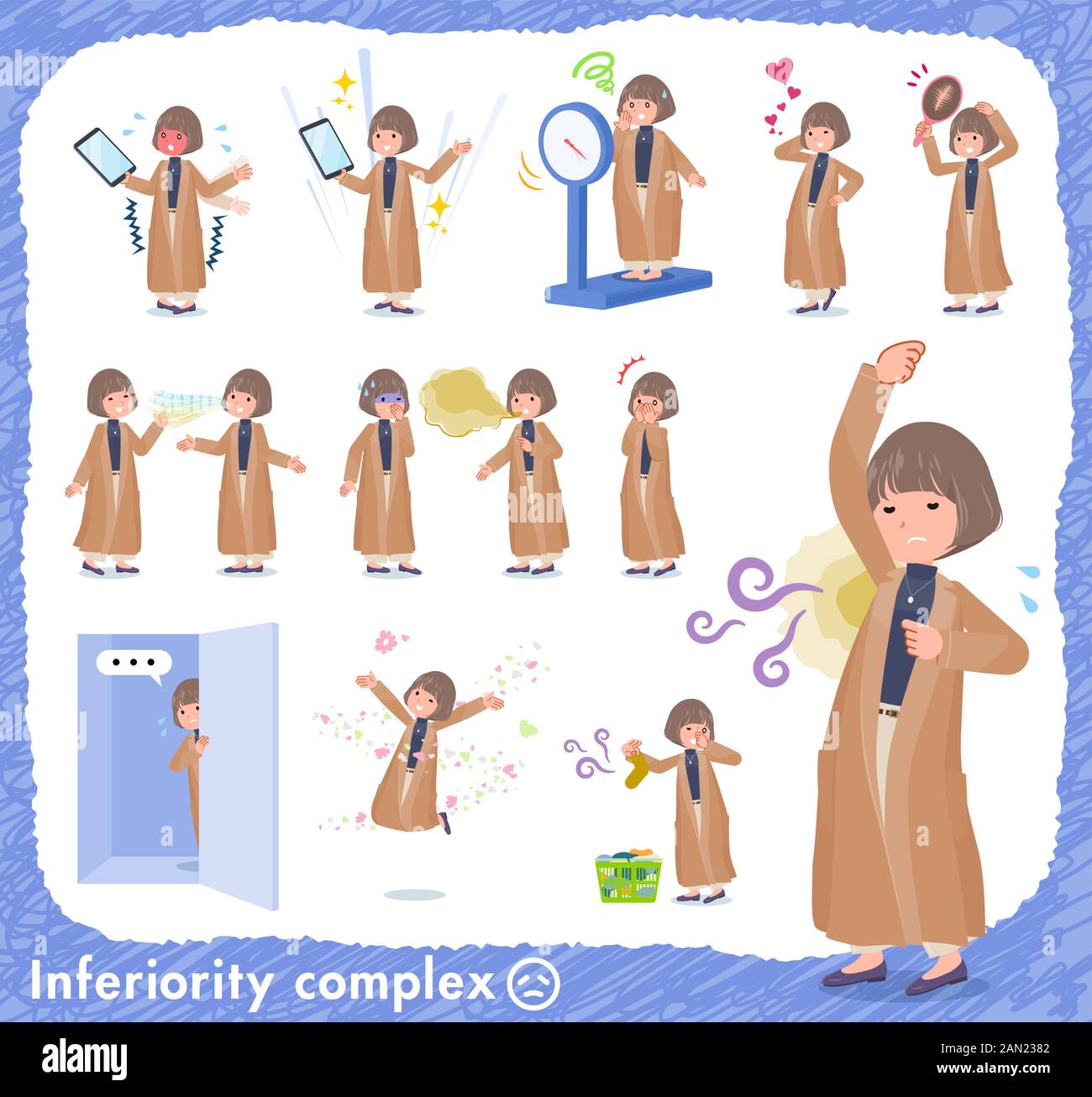 A set of casual fashion women on inferiority complex.There are actions suffering from smell and appearance.It's vector art so it's easy to edit. Stock Vector