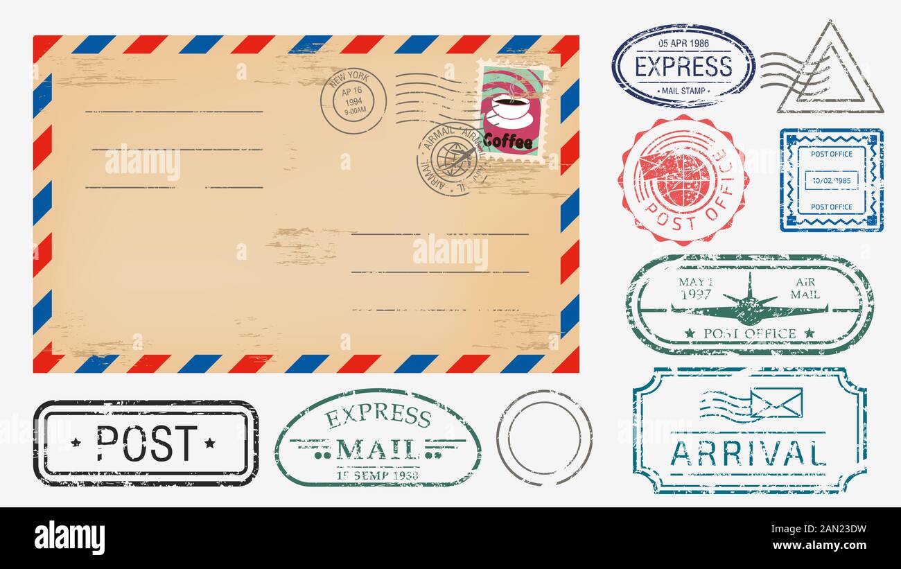 Realistic envelope with various stamps set vector graphic illustration ...