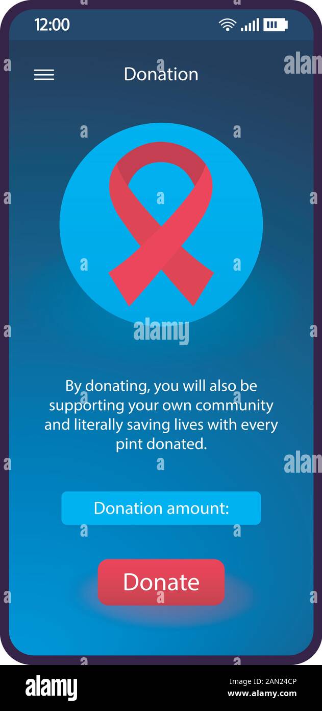 Donation smartphone interface vector template. Fundraising service. Blue design layout mobile charity app. Red stripe icon screen. Charitable organiza Stock Vector