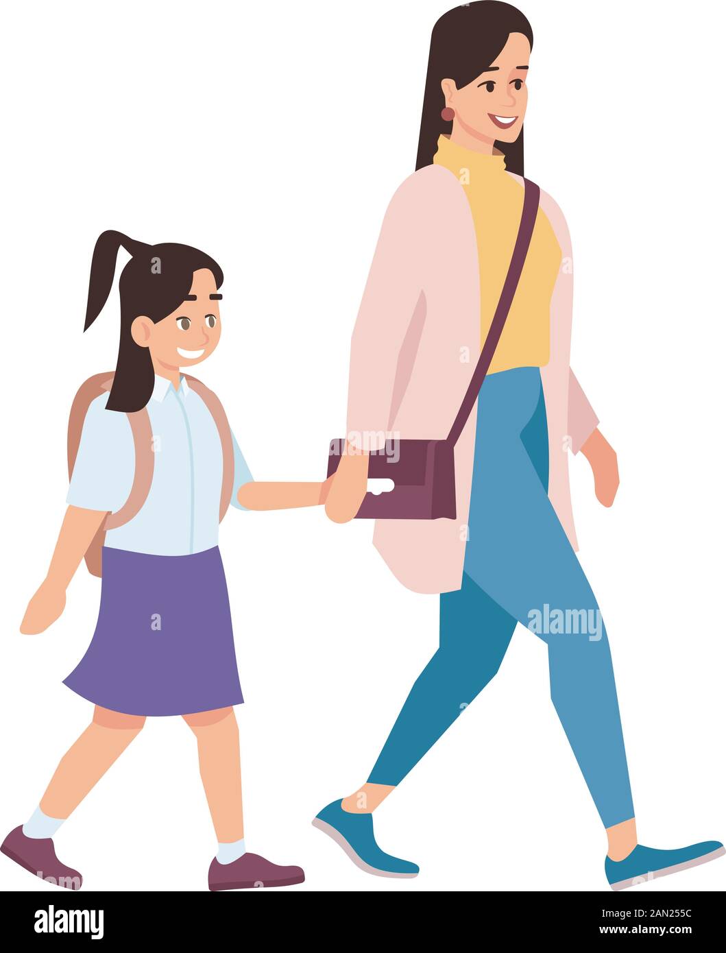 Mother with daughter going to school flat vector illustration. Happy parent  and schoolgirl holding hands cartoon characters isolated on white backgrou  Stock Vector Image & Art - Alamy