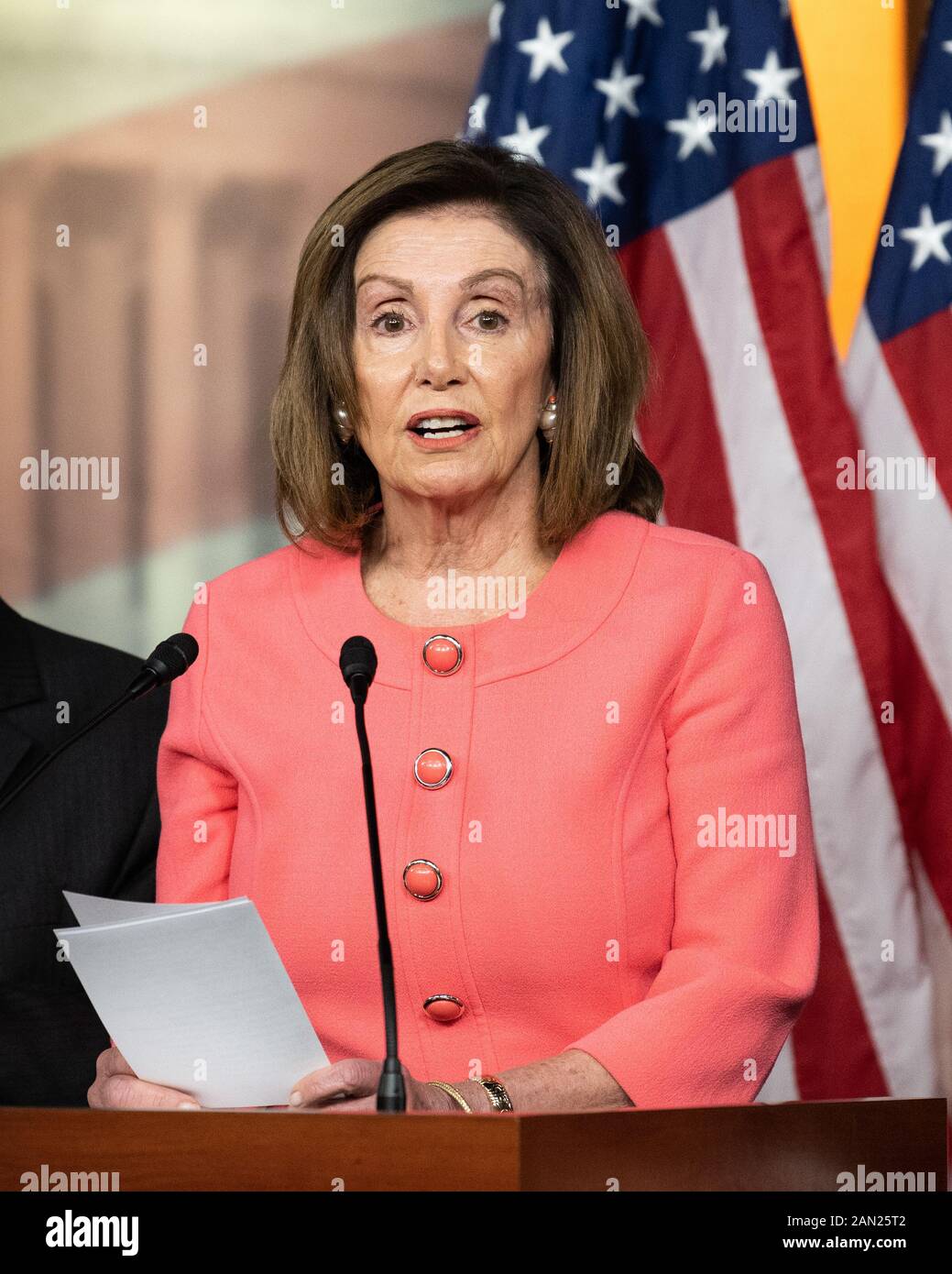 January 15, 2020 - Washington, DC, United States:  U.S. Representative Nancy Pelosi (D-CA) speaking at the announcement of the managers from the House for the impeachment trial in the Senate. (Photo by Michael Brochstein/Sipa USA) Stock Photo