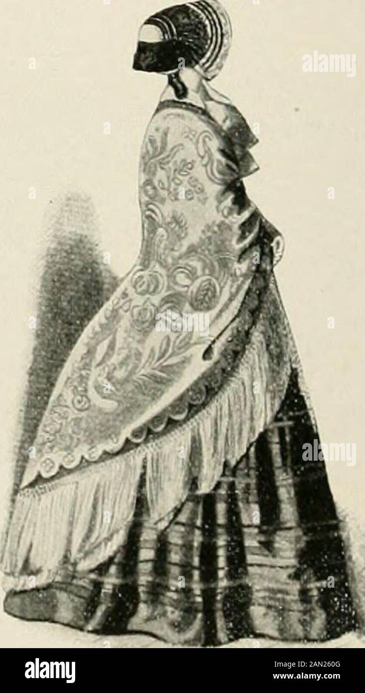 Social England : a record of the progress of the people in religion, laws, learning, arts, industry, commerce, science, literature and manners, from the earliest times to the present day . DCESS .IND lUL LADV, 1856. {Reproduced hy special permission of the Proprietors of Funch.^) Headgear, and artificial flowers under liriiii which surrounded the face,the coal-scuttle bonnet, the bonnetof drawn white silk, the bonnetfitting close in front, and bonnetswith long veils hanging from astring. While very large bonnetswere worn, tiny fringed parasolswere in fashion. The hair showedvery little out of Stock Photo