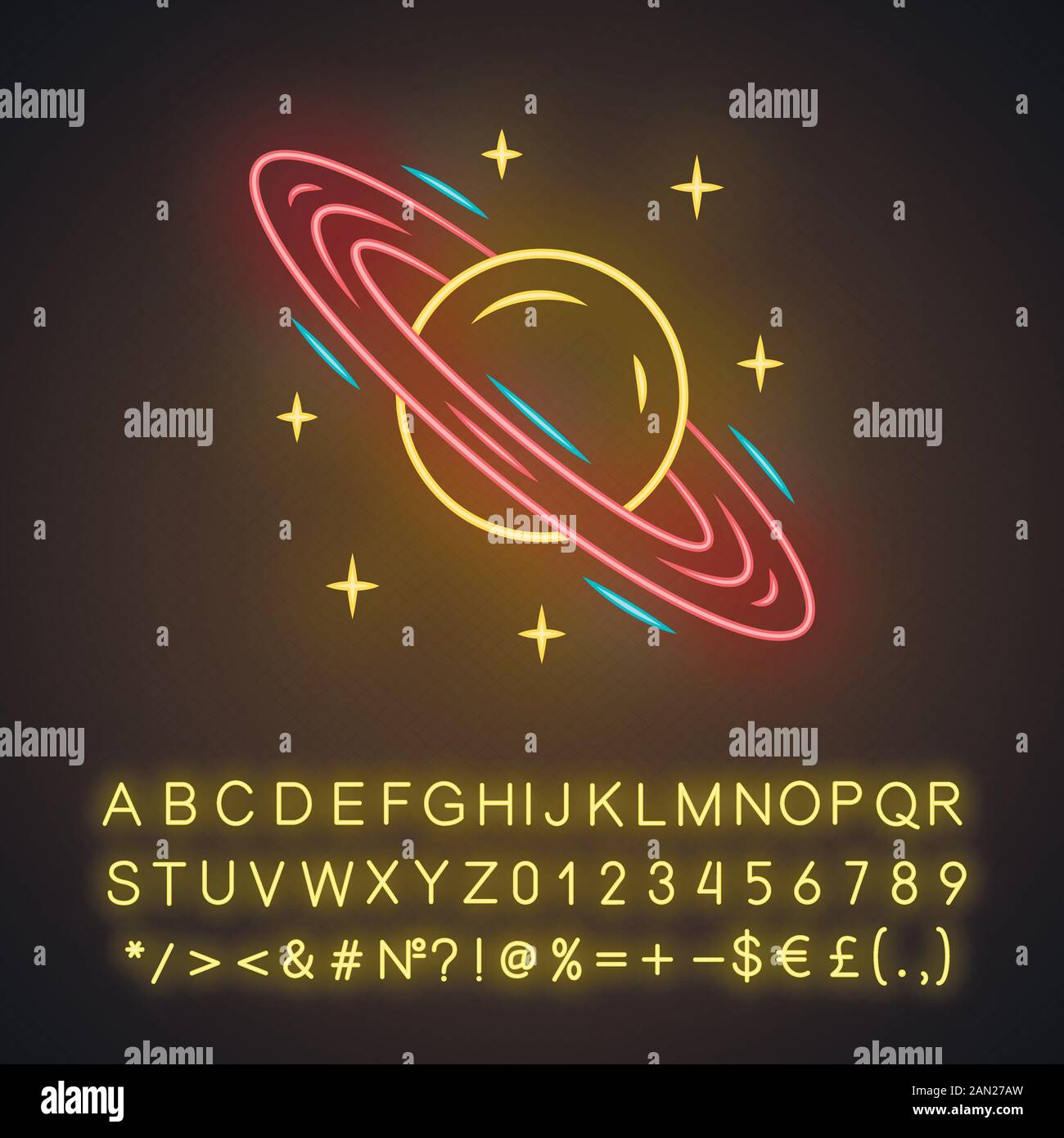 Saturn neon light icon. Planet with rings. Solar system. Space ...