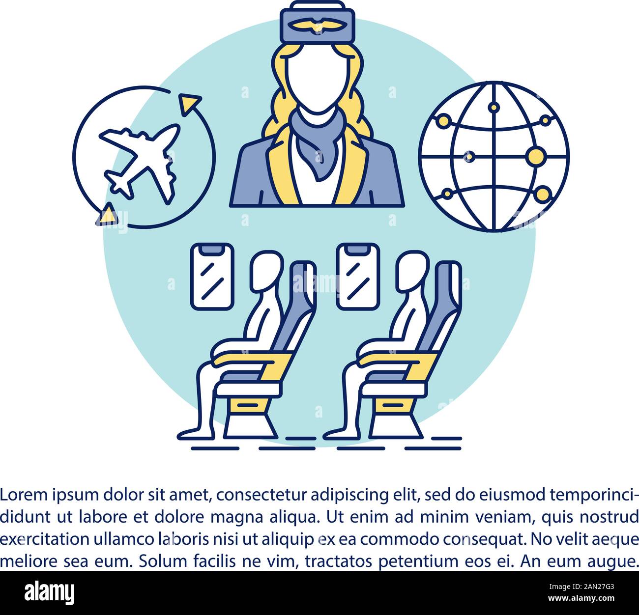 Aircraft cabin article page vector template. Passengers and flight attendant. Brochure, booklet design element with linear icons and text boxes. Print Stock Vector