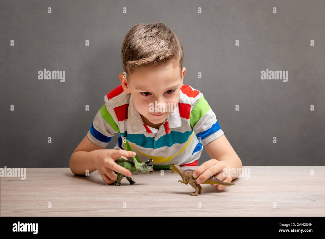 Boy is playing with dinosaurs on desk. Concept of dinosaur obsession. Clean wall in background Stock Photo