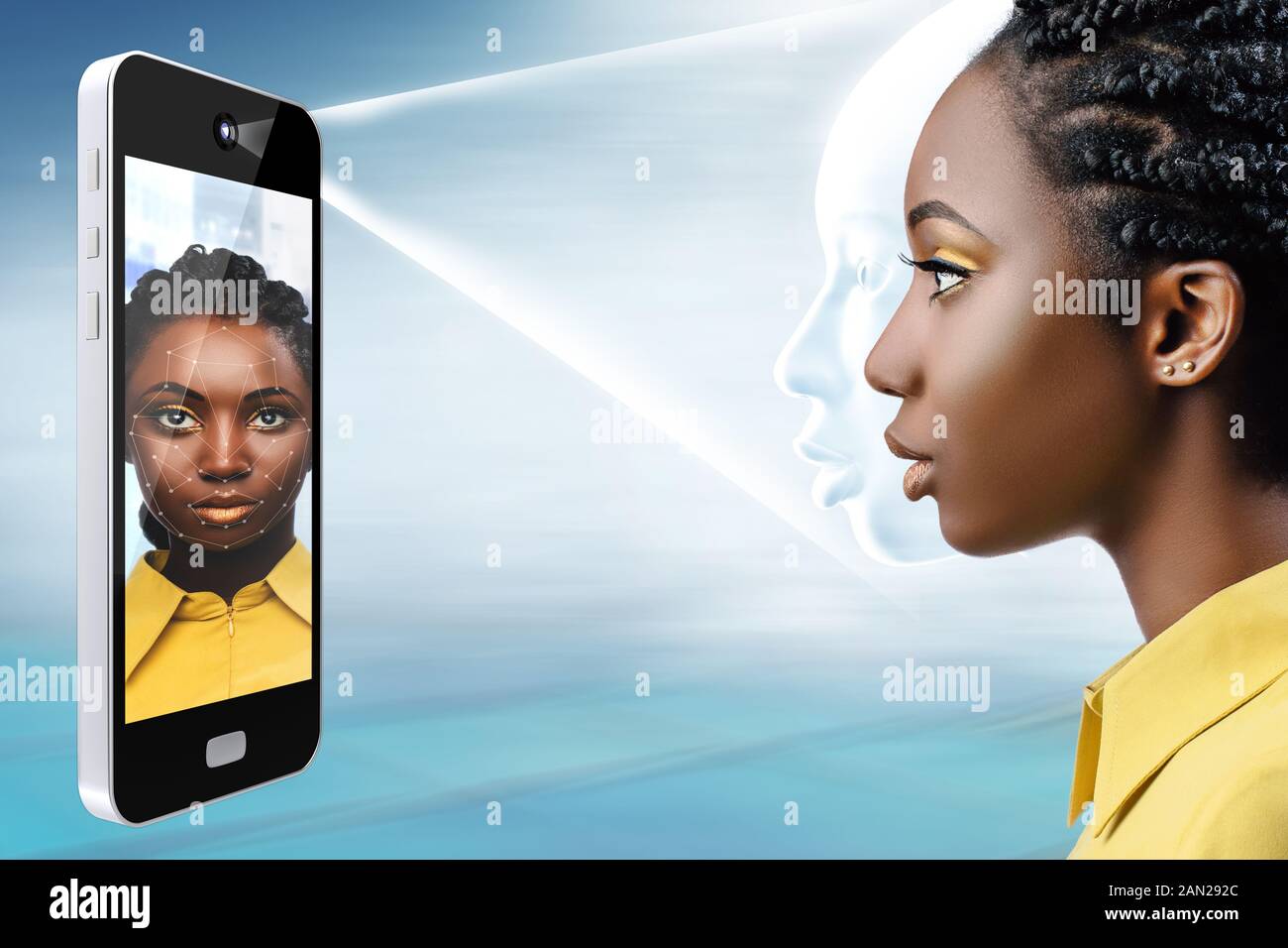 Smart phone projecting light bean on african female face.Side view of conceptual face recognition technology. Stock Photo