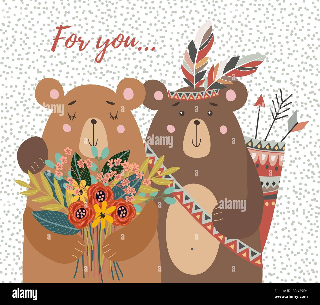 Hand drawn cute two bears with bouquet of flowers and tribal feathers for decoration cards or posters. Childish vector illustration Stock Vector