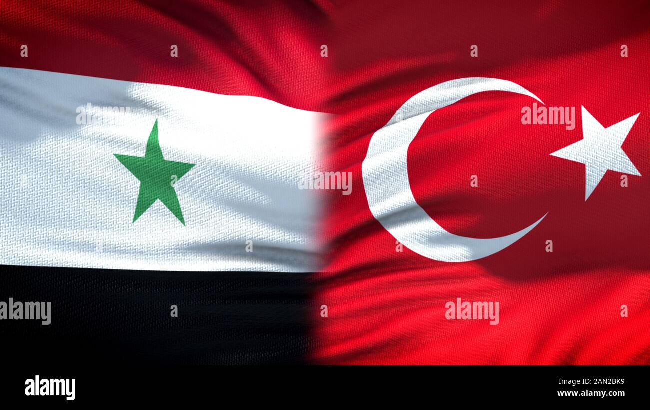 Syria and Turkey flags background, diplomatic and economic relations, security Stock Photo