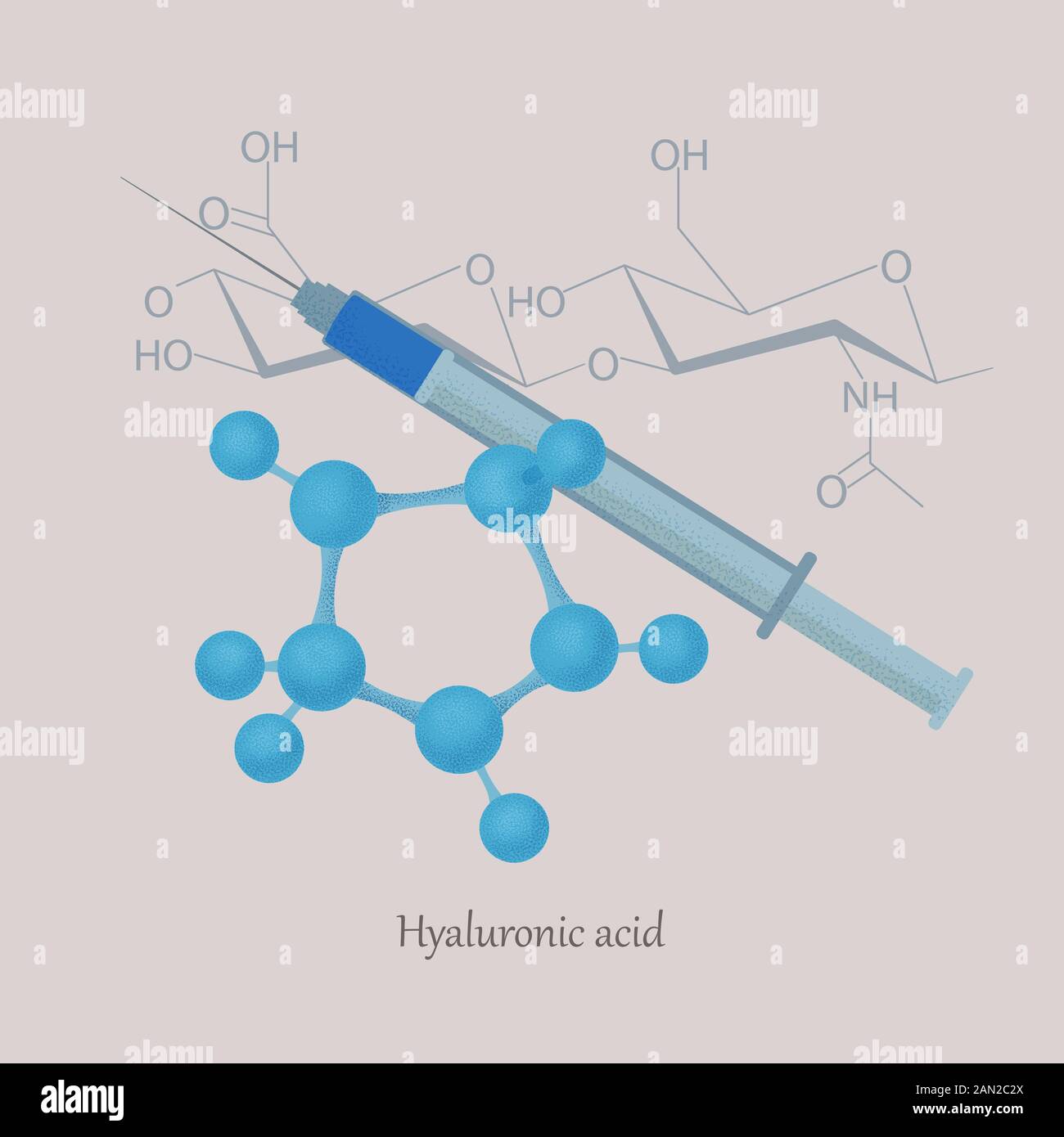 Hyaluronic acid structure and formula with a syringe. Stock Vector