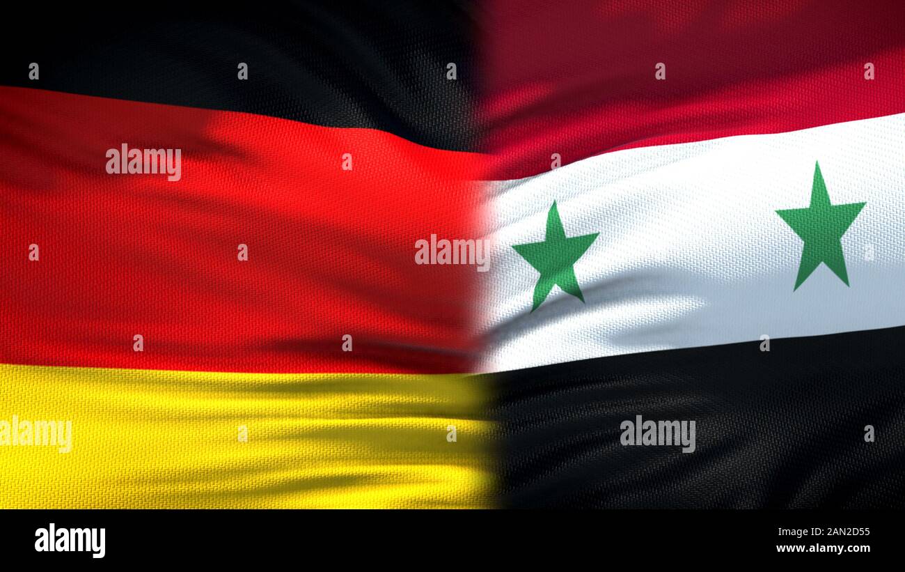 Germany and Syria flags background, diplomatic and economic relations, security Stock Photo