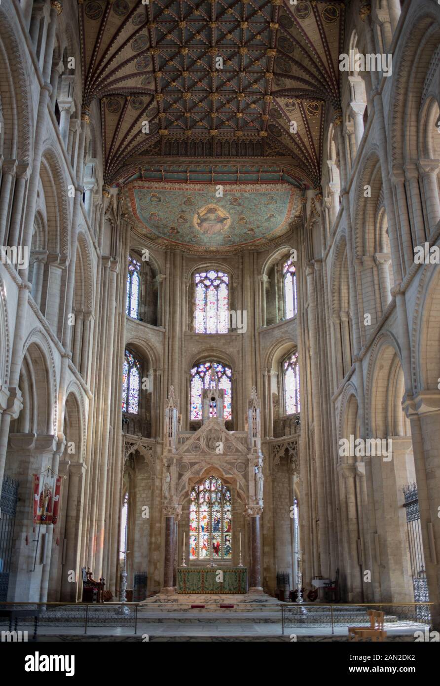 Interior image of Peterborough Cathedral, Cambridgeshire, England, UK - High Alter and Ceiling View - WOP Stock Photo