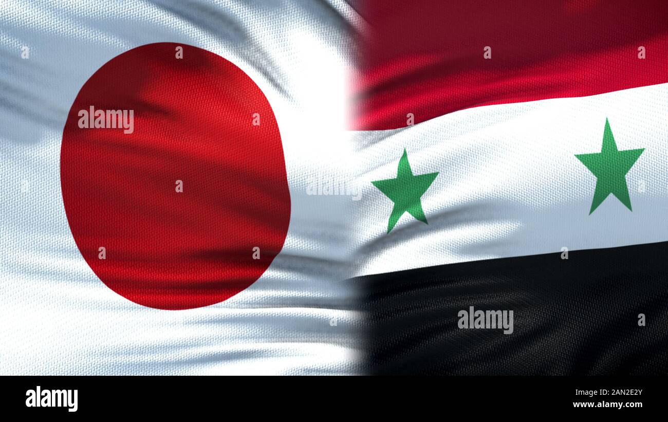 Japan and Syria flags background, diplomatic and economic relations, security Stock Photo
