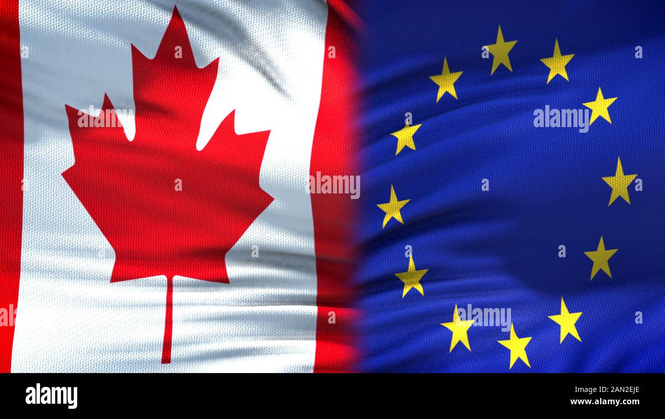Canada and European Union flags background, diplomatic and economic relations Stock Photo