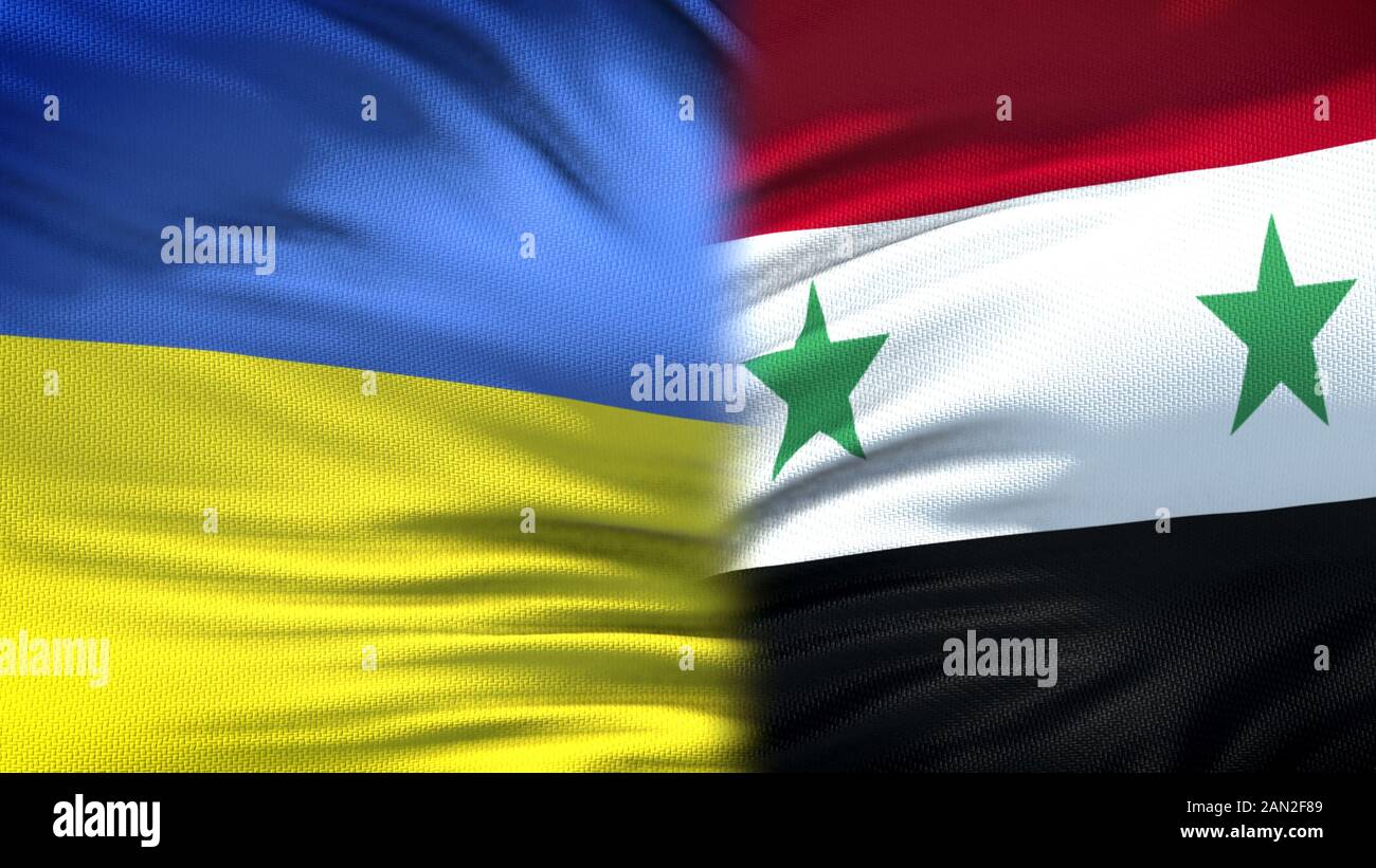 Ukraine and Syria flags background, diplomatic and economic relations, security Stock Photo