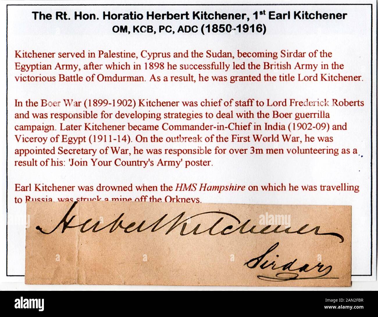 Signature of Field Marshal Horatio Herbert Kitchener, 1st Earl Kitchener Stock Photo