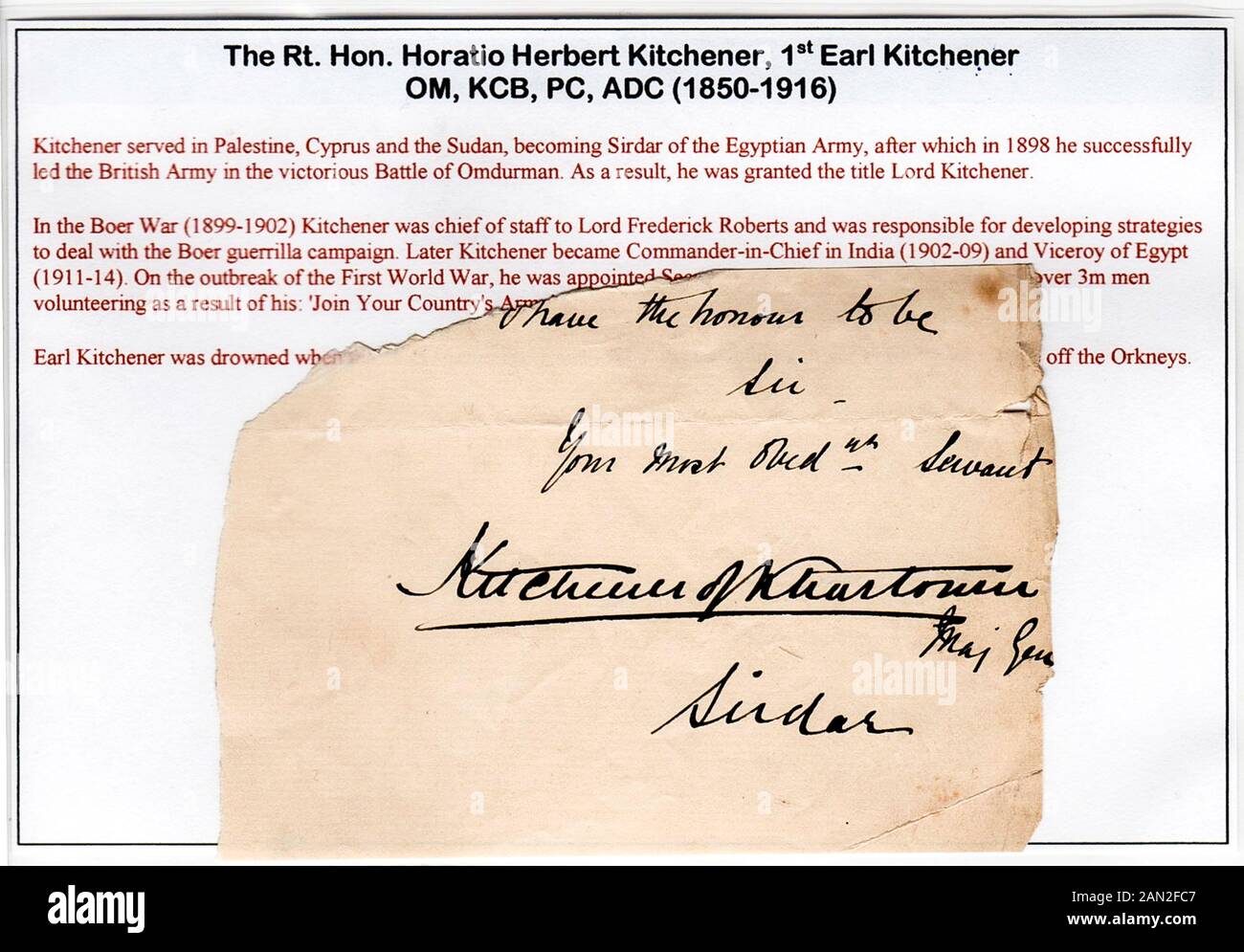 Signature of Field Marshal Horatio Herbert Kitchener, 1st Earl Kitchener Stock Photo