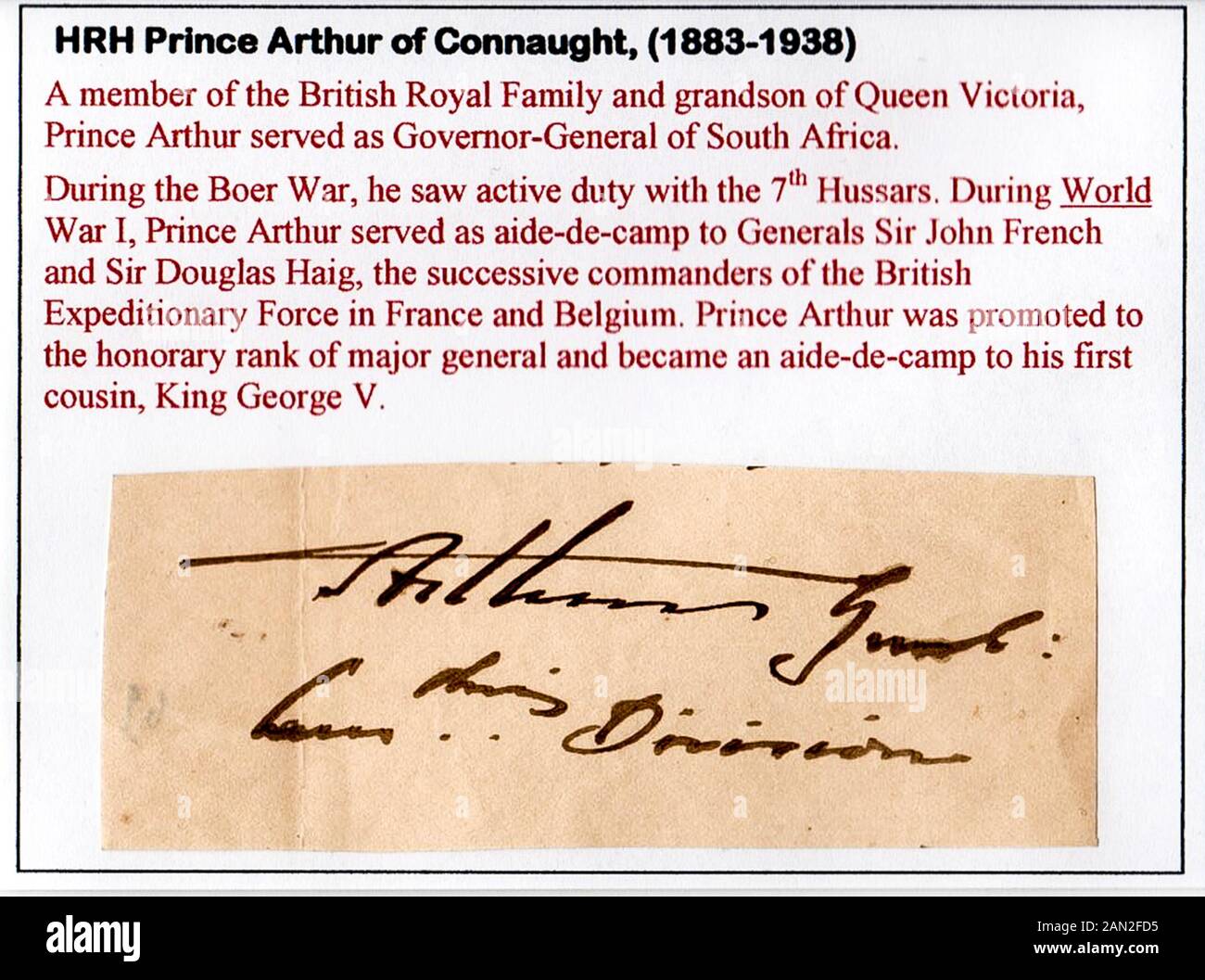Signature of Prince Arthur, Duke of Connaught and Strathearn (1883-1938) Stock Photo